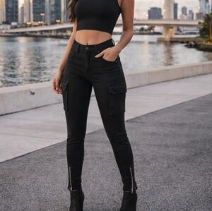 For All Mankind Black Cargo Pocket Skinny Jeans | Ankle Zip Moto Utility Denim
